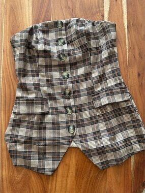 Plaid Button-Front Strapless Vest likeTop in plaid, NWT, Sz M
